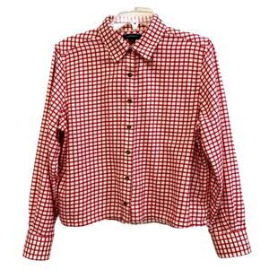 Land’s End Shirt Women’s 12P Flannel Crop Red White Check Long Sleeve Button Up.